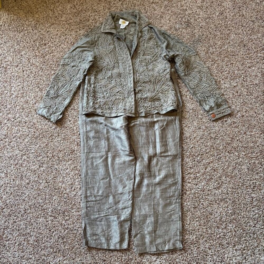 Sandy Starkman VTG Matching Set Gray 100% Silk Embroidered Boho Womens Sz XS/M